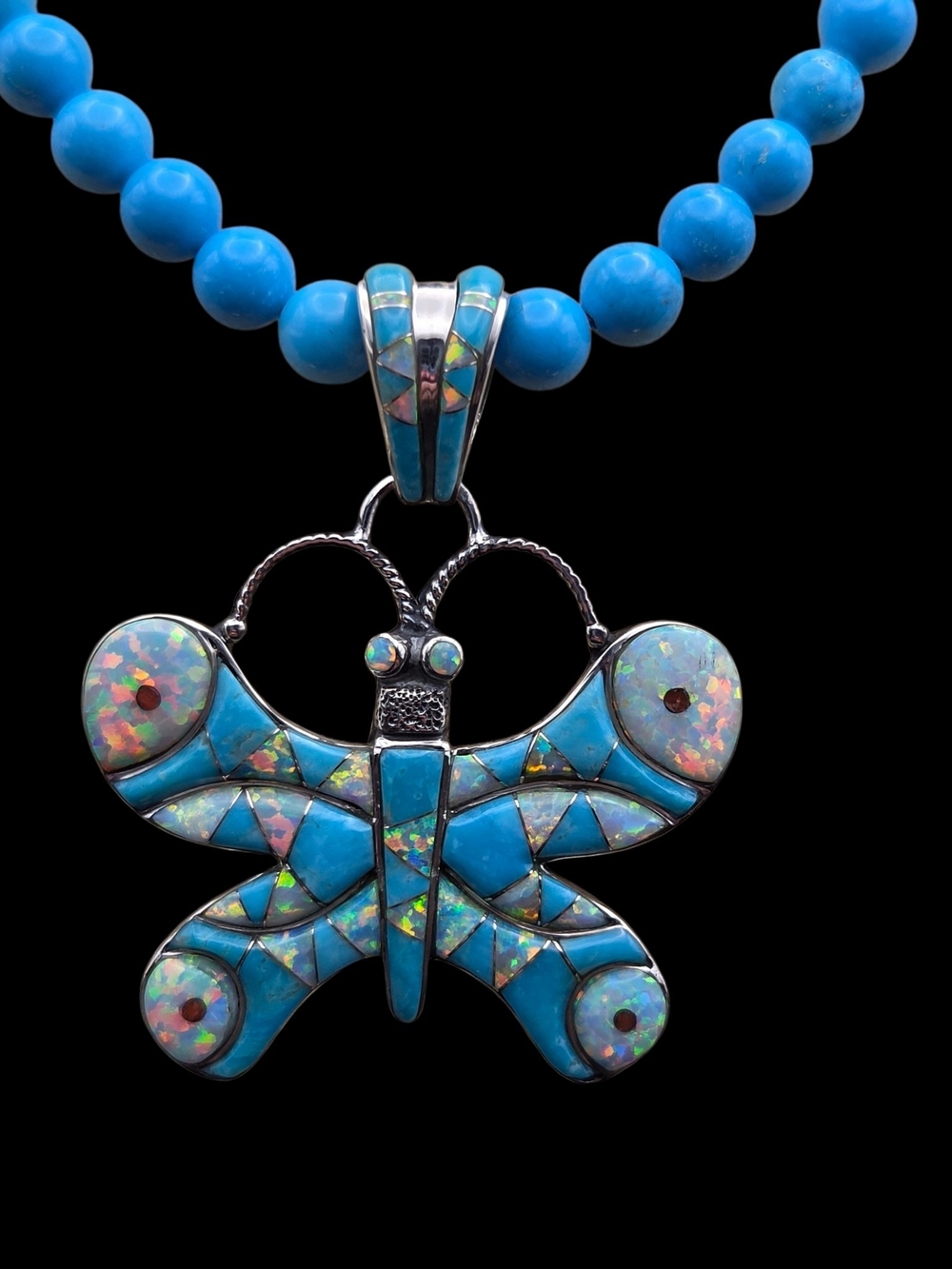 Sterling Silver Turquoise & Opal Butterfly Pendant Necklace - Blue